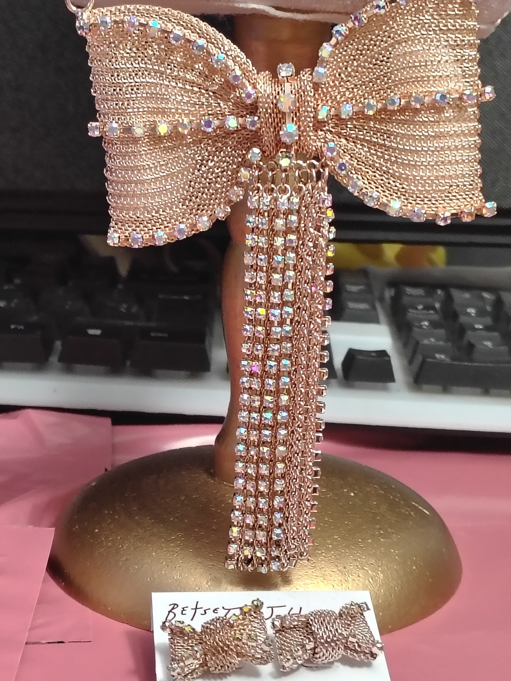 NWT Betsey Johnson Gold Bow Iridescent Rhinestones Fringe & Matching Earrings